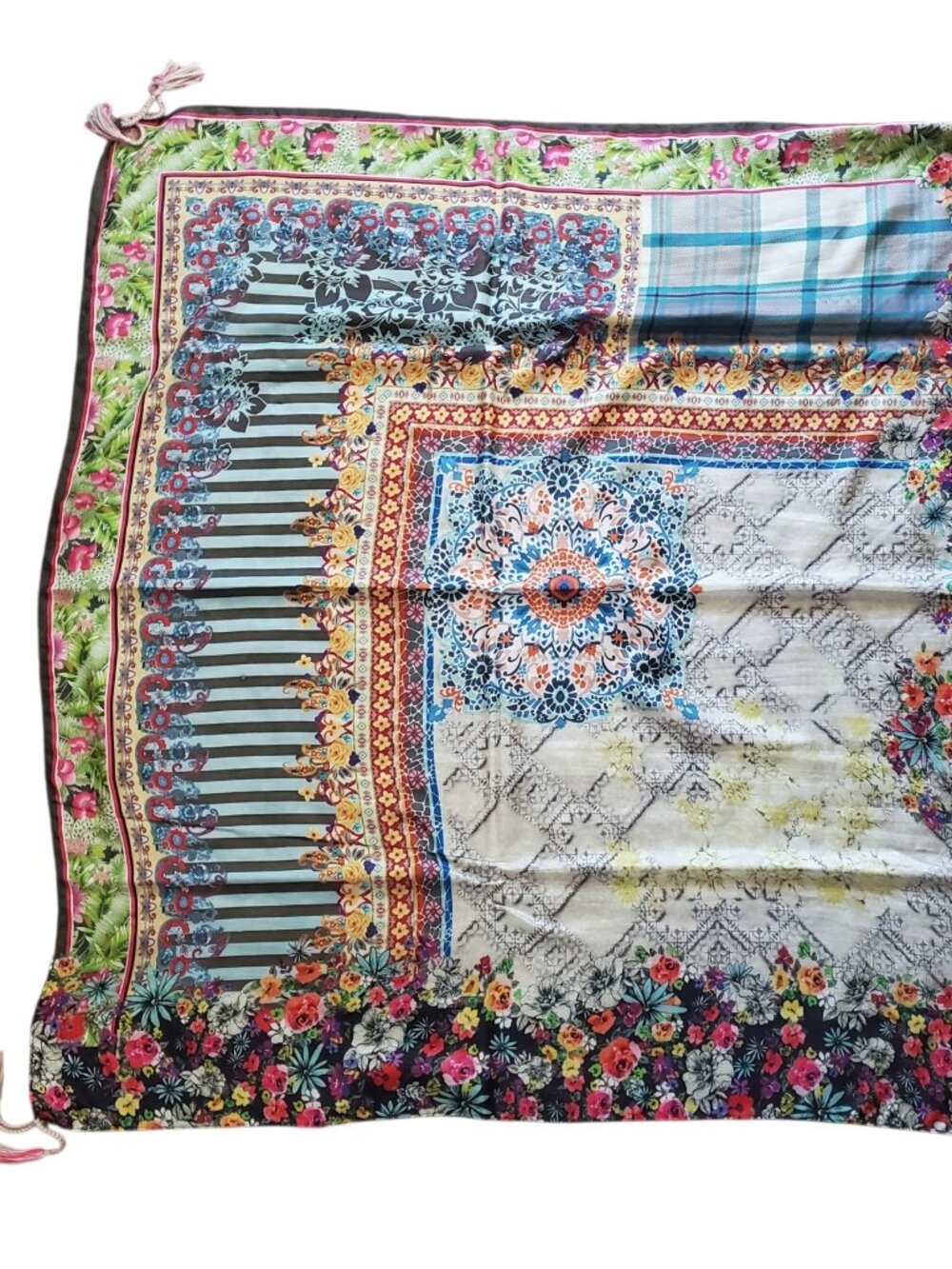 Johnny Was 100% Silk Bohemian Floral Print Scarf with Tassels